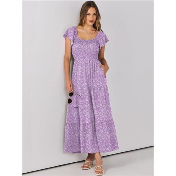 ANRABESS Women’s 2025 Summer Casual Maxi Dress Flutter Sleeve Scoop Neck - Picture 5 of 7